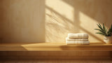 Folded dark grey cotton towel set on a sunlit wooden balcony bench with a drying rack in the background