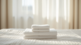 Folded white cotton towel set at the foot of a made bed in a bright homestay guest room