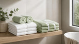 Sage green and white Willow & Fern towels folded and rolled on a light oak bathroom shelf