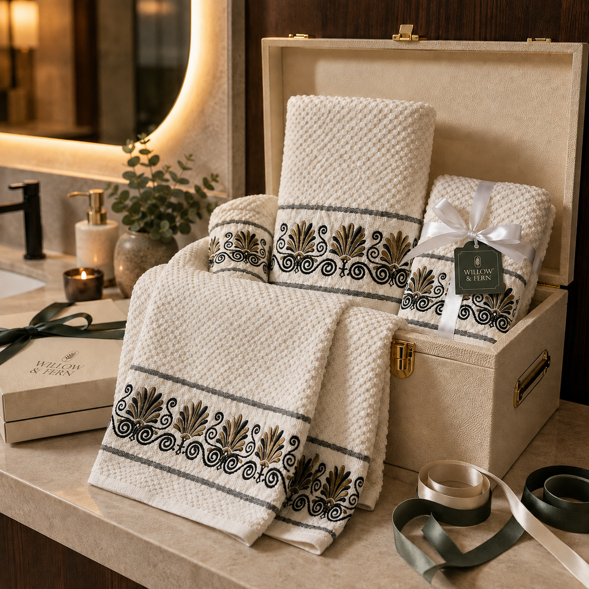 Willow & Fern embroidered towel set in a keepsake box on a bathroom vanity