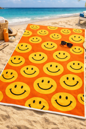 Happy Faces Orange Premium Cotton Beach Towel