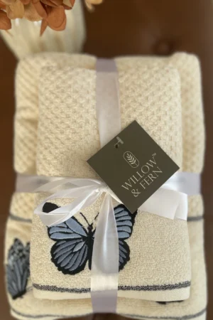 Premium Cotton Embroidered Butterfly Towel Set.