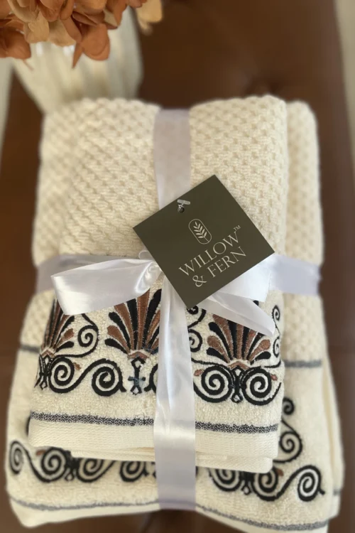 Premium Cotton Embroidered Scroll Towel Set.
