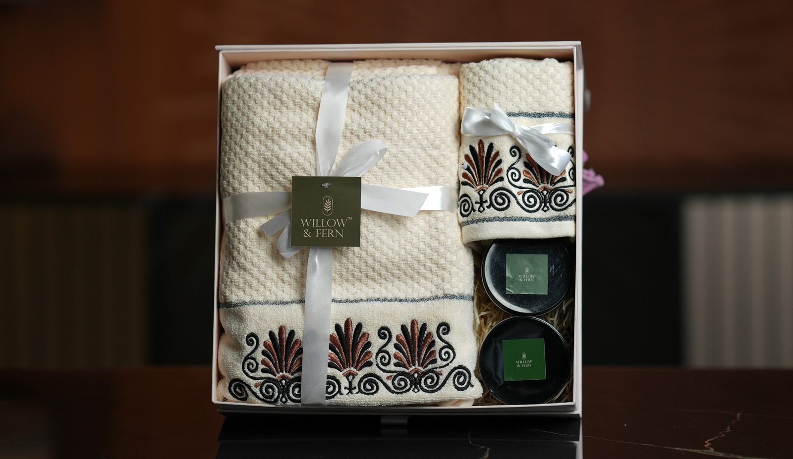 Embroidered towel gift box with wax tablet