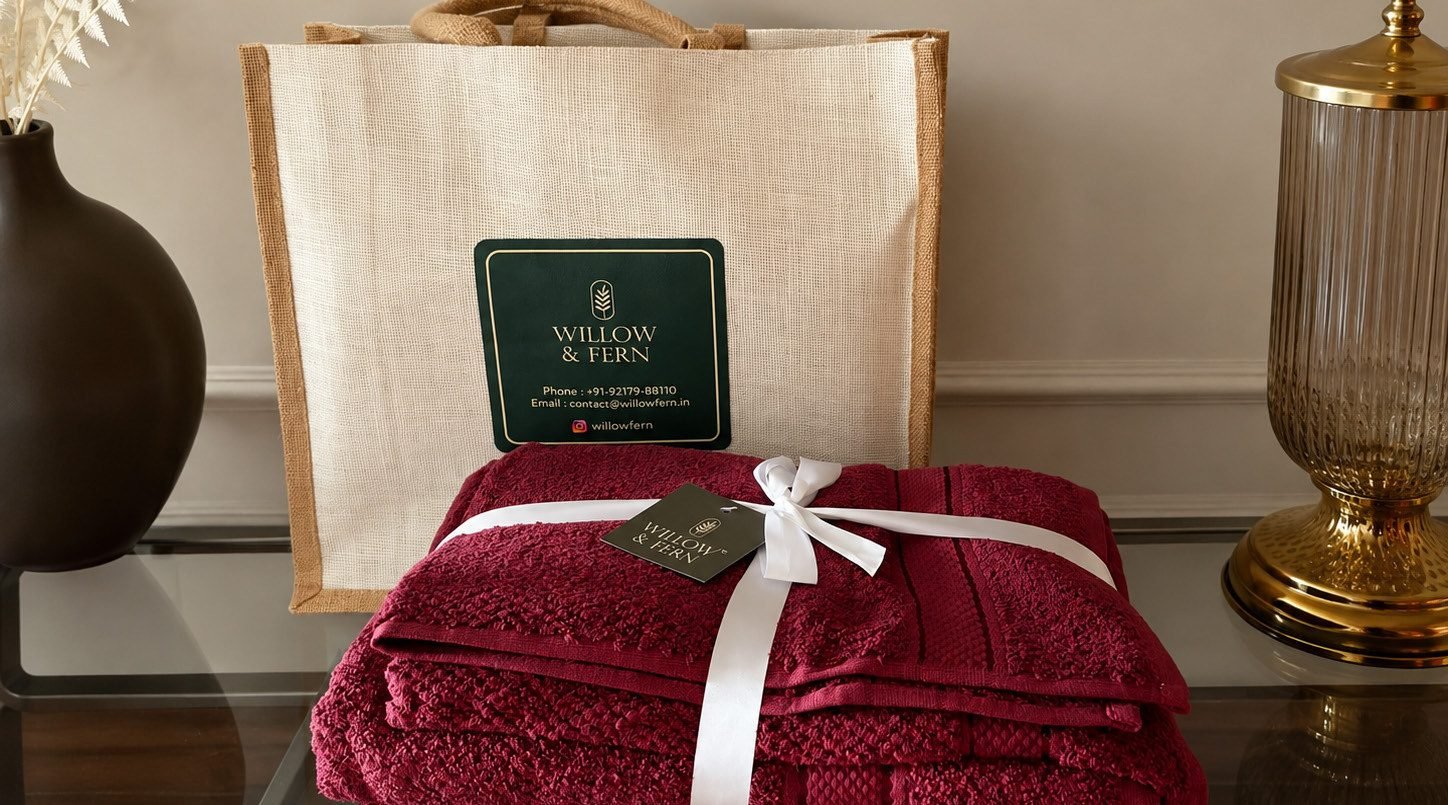 Jute gifting bag with bath towels